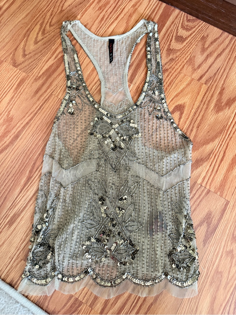 Embellished Sheer Beaded Tank Top in Gold